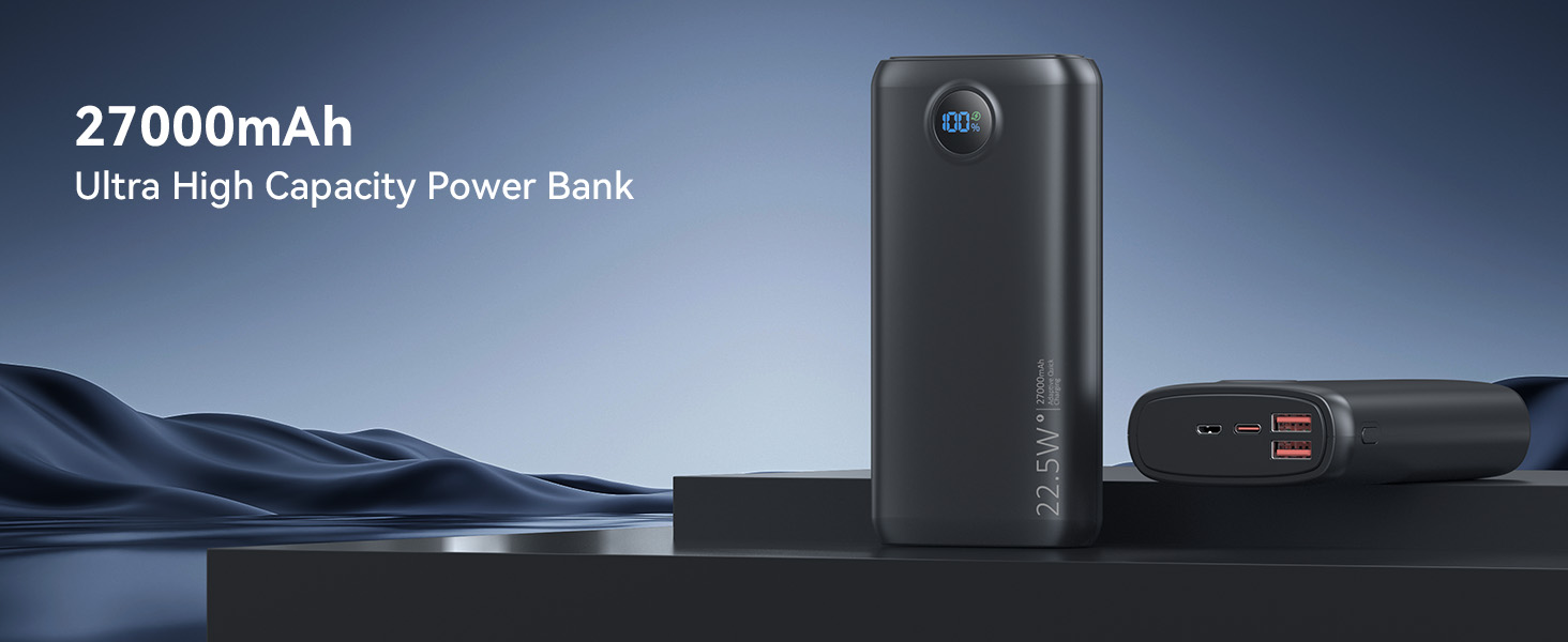 Потужний Power Bank 27000mAh 22.5W з підтримкою PD 3.0 та QC 4.0, зовнішній акумулятор USB-C зі швидкою зарядкою та LED-дисплеєм для iPhone, Samsung, iPad та смартфонів