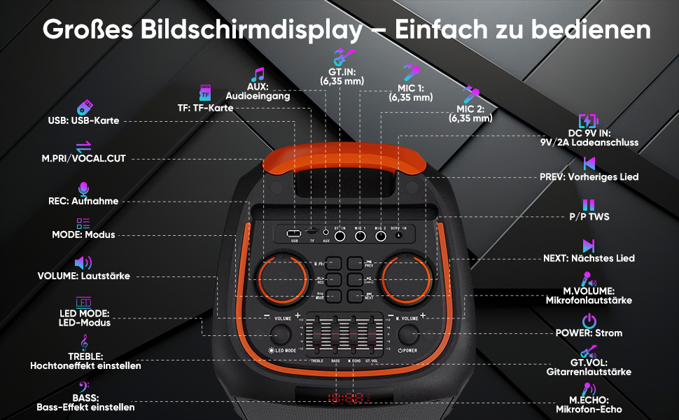 Караоке система Hukkmela з 2 мікрофонами, Bluetooth 5.3, USB, TF, Aux, LED підсвічування - чорний