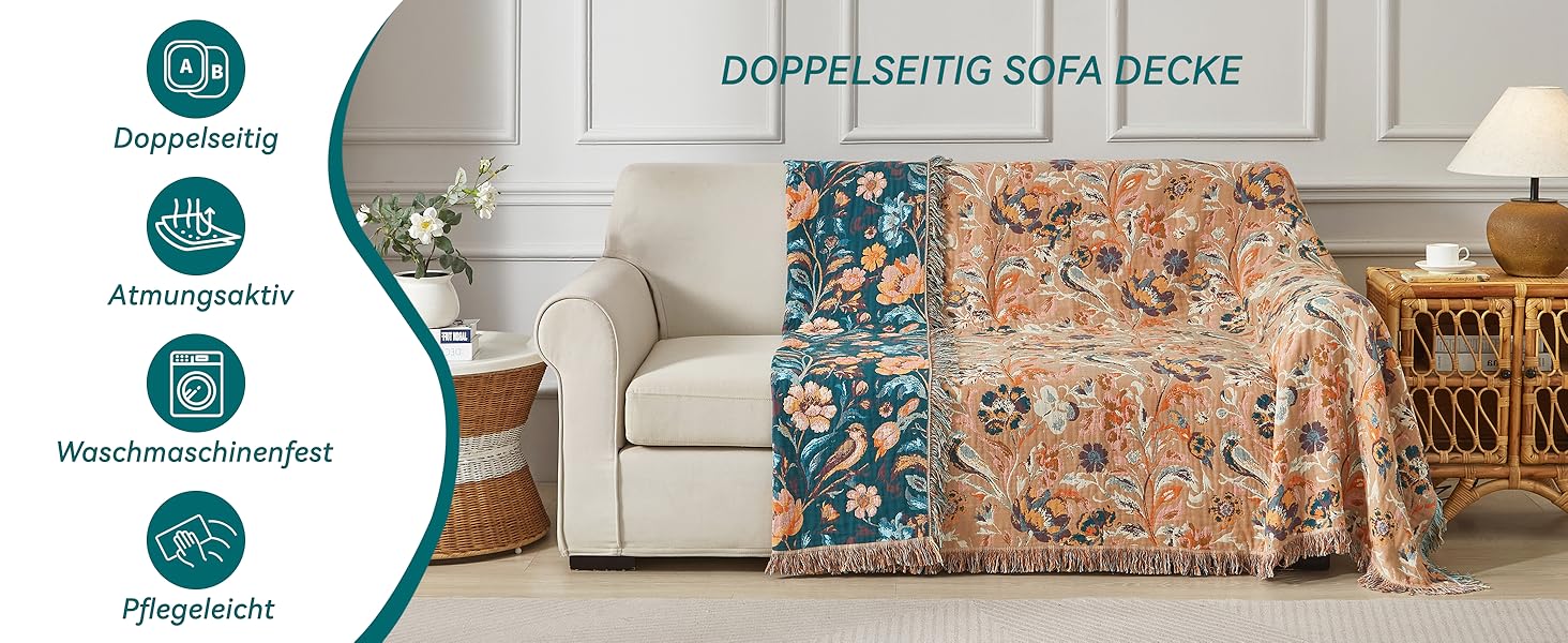 Богемна ковдра Boho 150x200 см з 100% бавовни, двостороння муслінова ковдра, плед для дивану та ліжка, patchwork, літня ковдра для вітальні, зелено-бежева (230x250 см, квіти та птахи)