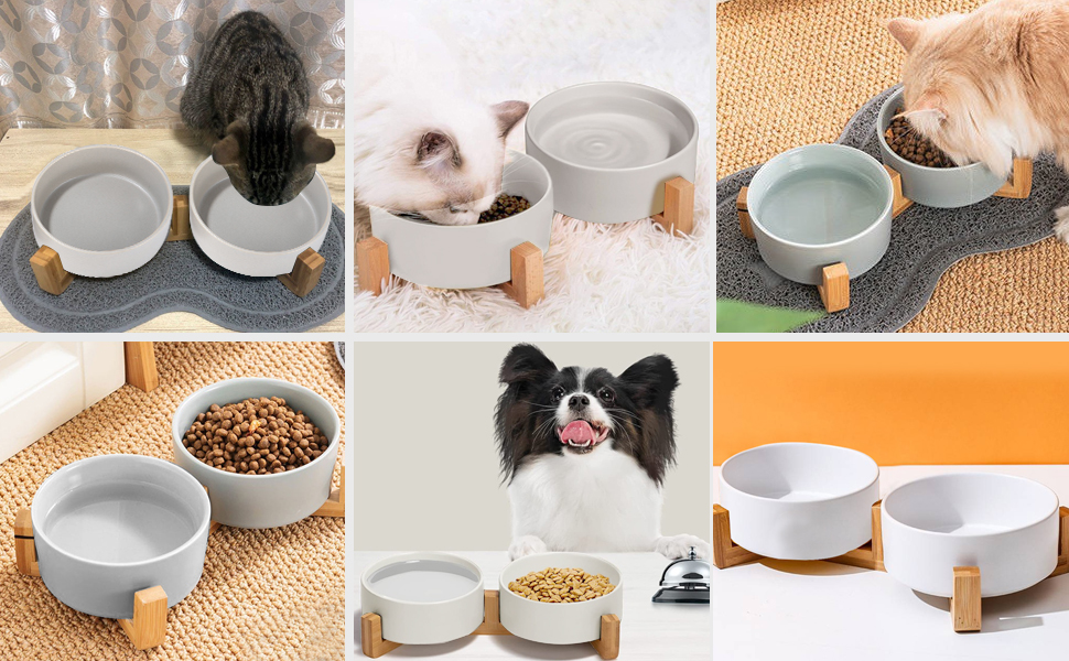 Миска для корму для собак і котів з кераміки з бамбуковим підставкою та антиковзним килимком (400 мл, 2 шт., зелений/сірий)