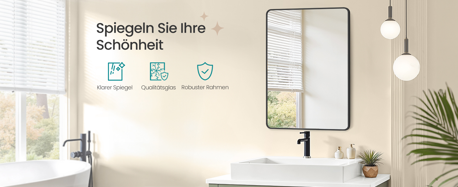 Дзеркало для ванної кімнати SONGMICS, прямокутне, з алюмінієвою рамою, 91 x 61 см, з захисною плівкою, 2 способи кріплення, для ванної, спальні та вітальні, чорний колір