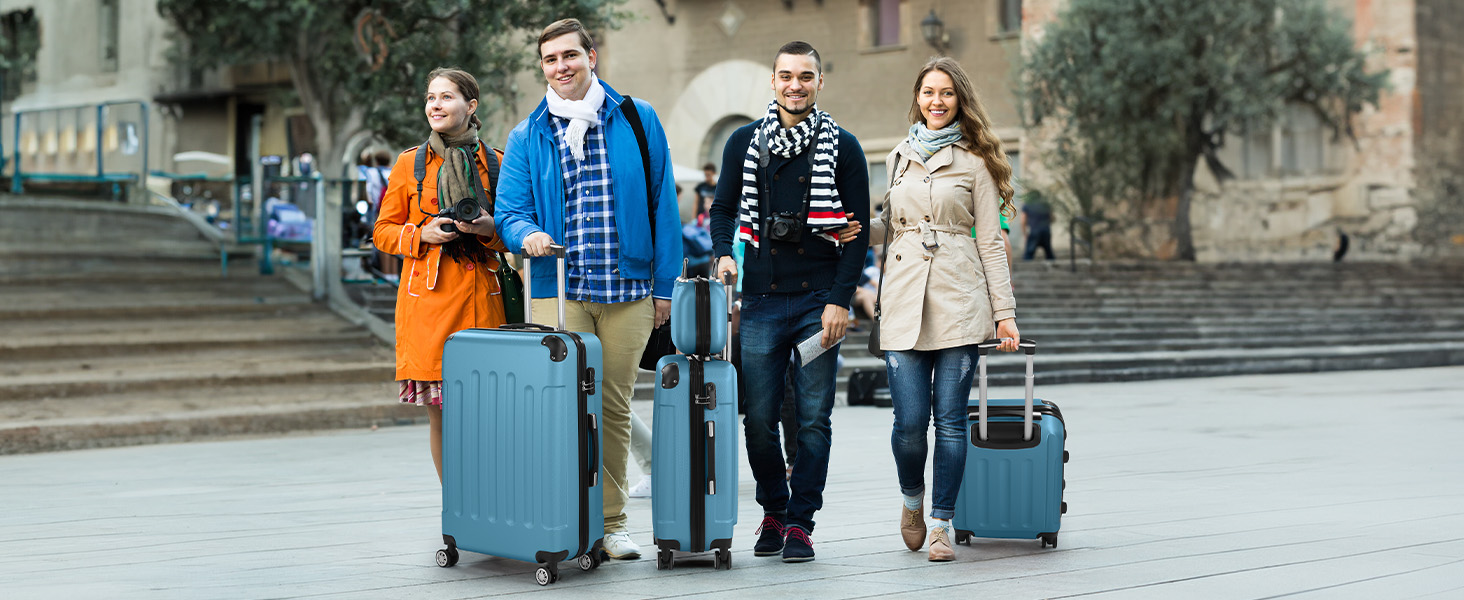 Набір валіз LALAHO 4 шт. з косметичками, ABS, рожеве золото (темно-синій, смугастий)