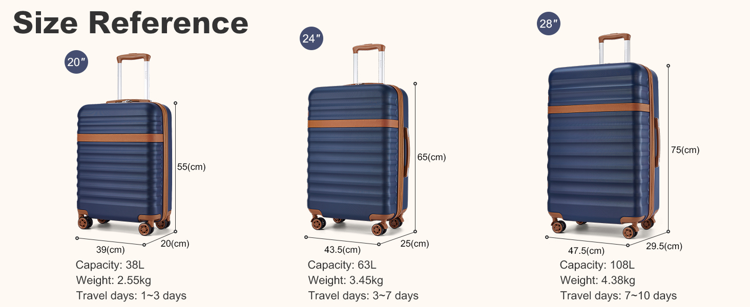 Набір валіз KONO (M, L, XL) з ABS+PC, 4 колеса, TSA-замок (кремовий/коричневий, темно-синій/коричневий)