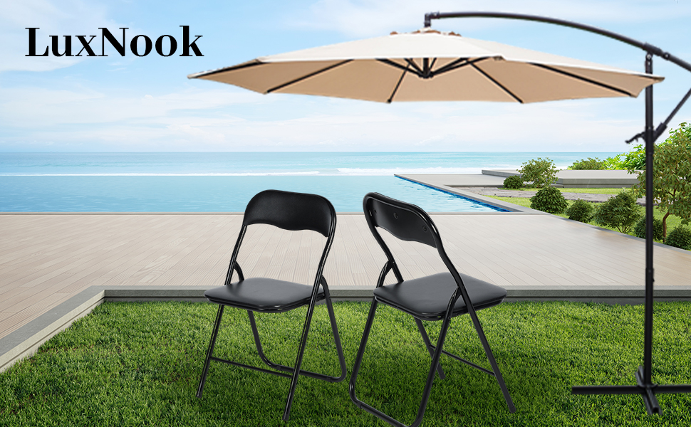 LuxNook 2 Pack PVC Folding Chair, Folding Stool with Cushion, Strong Metal Frame, Camping Chair, Foldable Chair, Office Chair, Space-Saving Desk Chair for Guest, Holds up to 150kg, 2pcs Black