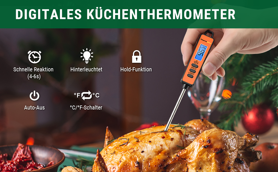 ThermoPro TP01S: Цифровий термометр для м'яса, гриля та приготування їжі - Швидке зчитування, довга сонда, помаранчевий