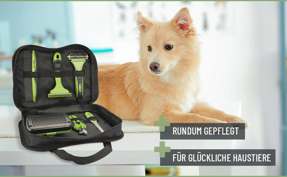 Набір для догляду за шерстю ReaVET для собак та котів (6 предметів) | Щітка для шерсті, знімач ковтунів, щітка для підшерстка, гребінець від бліх, ножиці для стрижки нігтів, сумка для аксесуарів