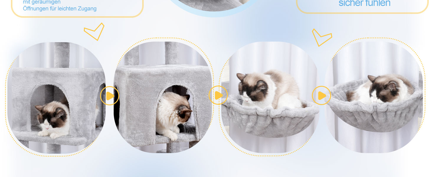 Котячий будиночок Hey-brother XXL для великих котів, 180 см, стабільний, з 3 платформами, 3 гамаками та 2 котячими будиночками (світло-сірий)