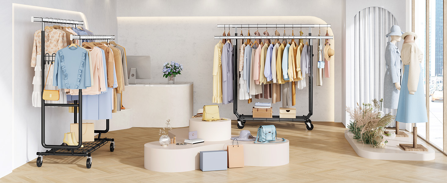 Стійка для одягу на колесах FAVOOOSTY, металева, мобільна, до 200 кг, чорна, 2 стяжки