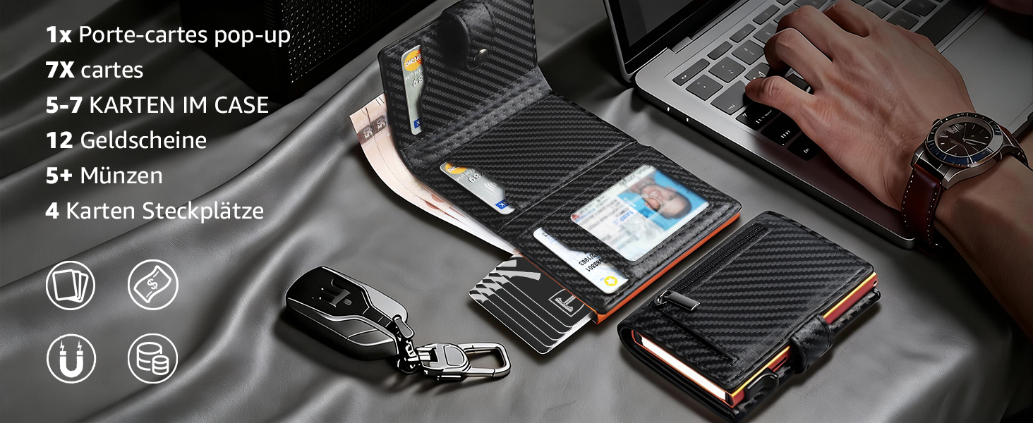 Чоловічий гаманець TENBST з RFID захистом, шкіряний Slim Wallet, картфутляр на 8-10 карт, подарунковий набір (Чорний/Помаранчевий)