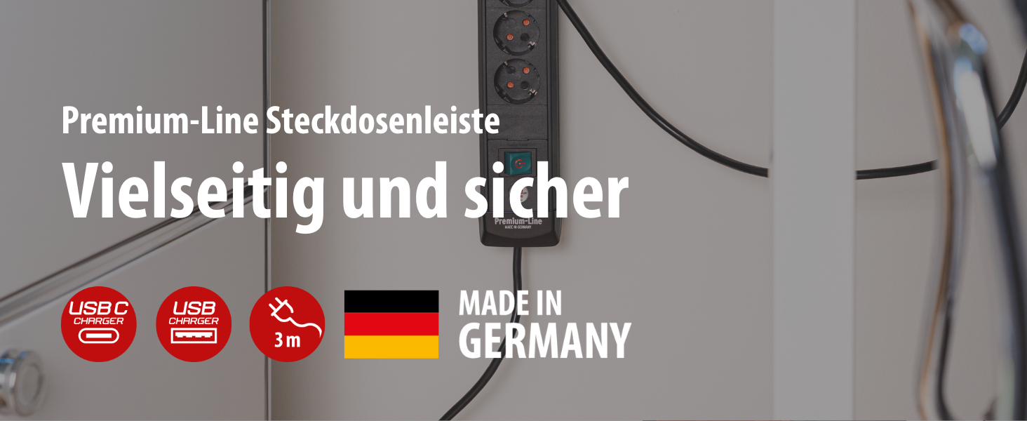 Бренненштуль Premium-Line Розподільник розеток 4-портовий з 2x USB-C PD 65W та USB-A 18W (Made in Germany), з вимикачем та кабелем 3м, для настінного монтажу, чорний