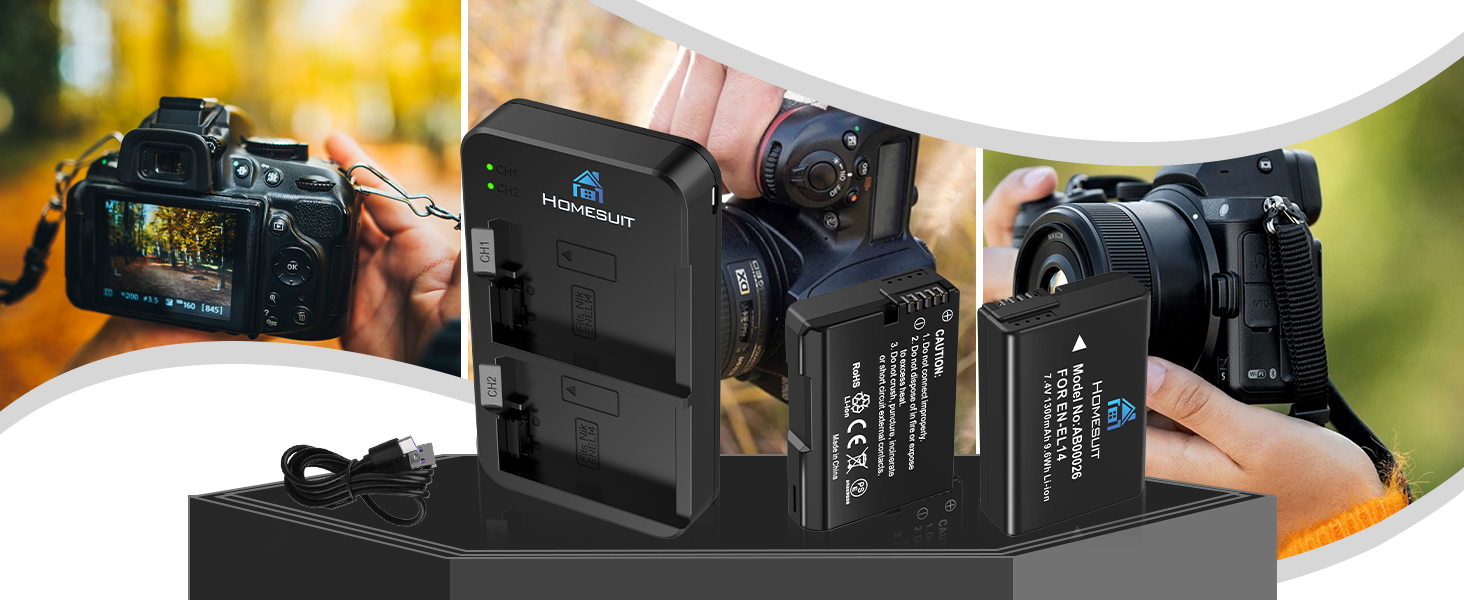 Акумулятор EN-EL14 1300mAh Homesuit + LED зарядний пристрій для Nikon D3100, D3200, D3300, D3500, D5100, D5200, D5300, D5500, D5600, Coolpix P7000, P7100, P7200, P7700, P7800 (2 шт.)
