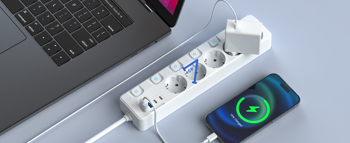 Многорозеткова смуга з 5 розеток та 4 USB-портами швидкої зарядки, KEPLUG, захист від перенапруги, індивідуальне вмикання/вимикання, плоский штекер, настінний монтаж, для офісу, кухні, столу, білий