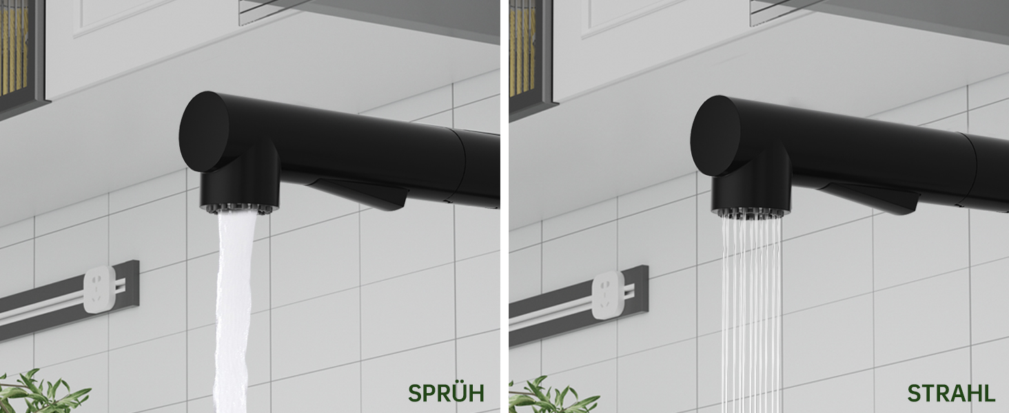 Змішувач кухонний DAYONE з висувною лійкою, нержавіюча сталь, 3 режими, поворотний на 360°, для кухонної мийки (15 см), матовий чорний