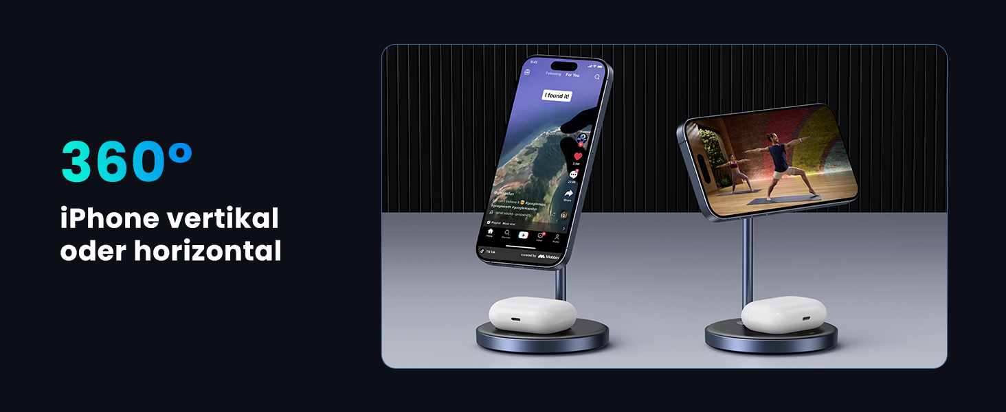 UGREEN MagFlow 2-в-1 Бездротова зарядка для iPhone з MagSafe, 90° регульована, кабель USB-C 1м