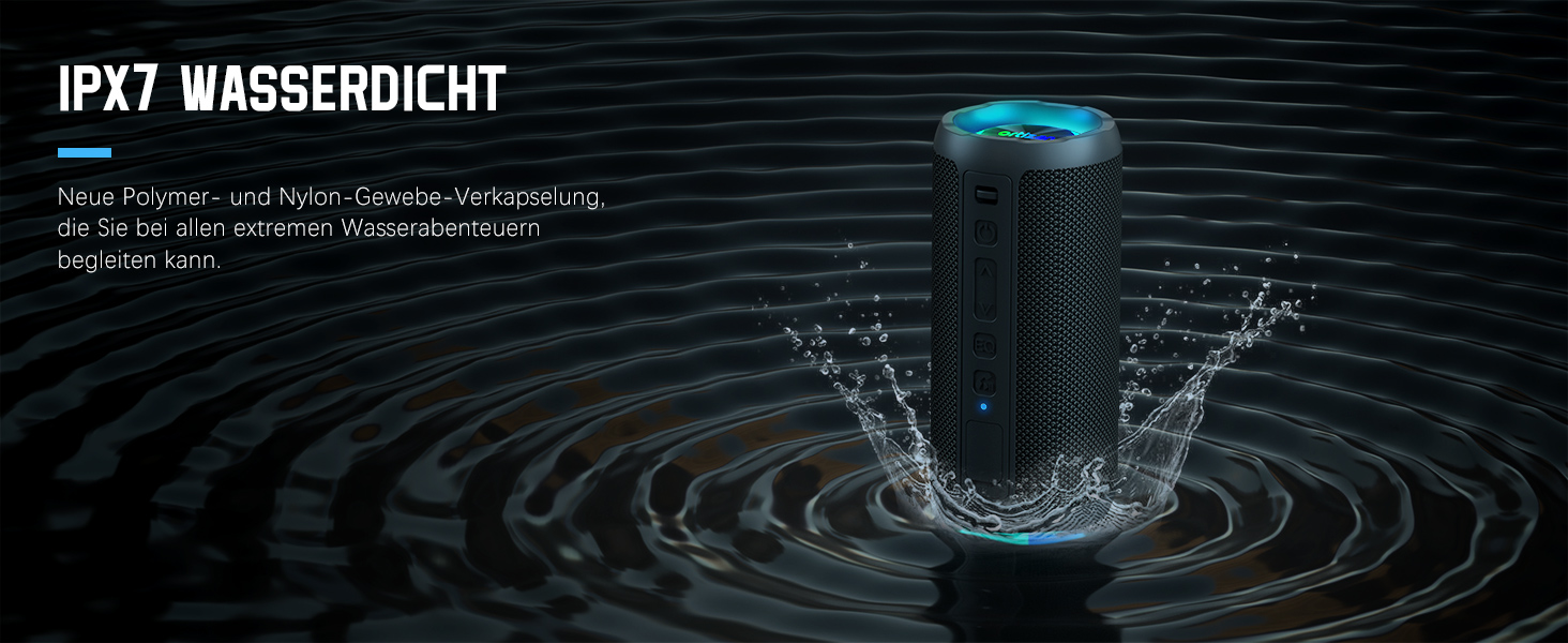 Ortizan Bluetooth Колонка з підсвіткою, портативна водонепроникна (IPX7) колонка з подвійними басами, 30 год автономії, гучний зв'язок, блакитний