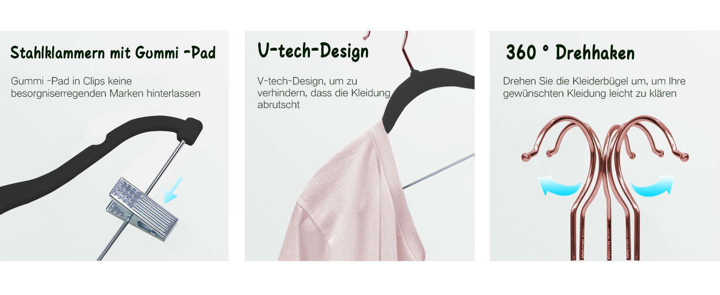 Набір вішалок для штанів Stormix 24 шт., 42 см, з кліпсами, протиковзкі, для штанів, спідниць, суконь, курток, пальто, чорні (гачки рожевого золота)