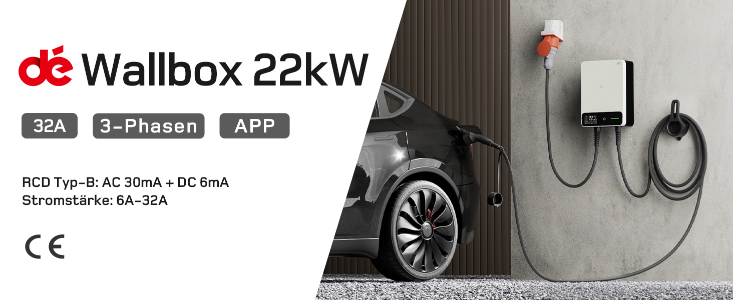 Wallbox 11 кВт з APP, кабель Type 2 7.5м з тримачем, 3-фазний зарядний пристрій для електромобілів (6-16A, 400V), BEV/PHEV, RCD Type A 30mA AC + 6mA DC, IP54, чорний. CEE 22кВт, 10м білий.