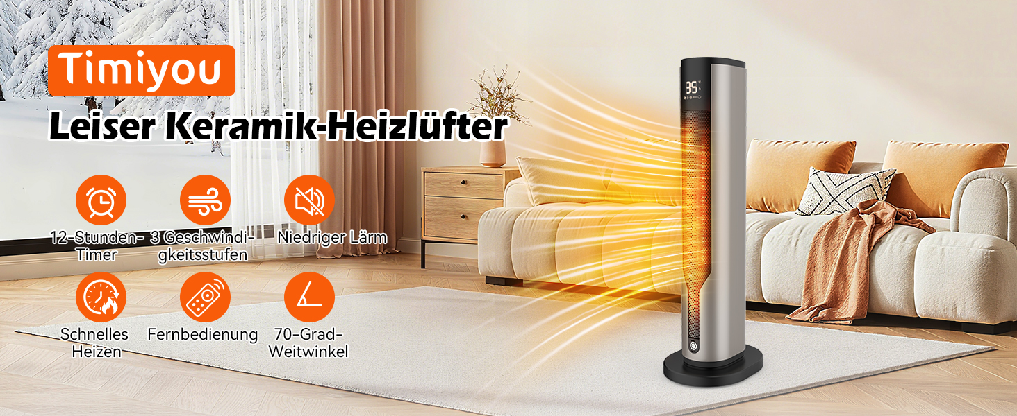 Електричний обігрівач 1500W з PTC керамічним нагрівачем, тихий 34 dB, термостат, таймер 12 год, захист від перегріву та перекидання. Ідеальний для спальні, з пультом дистанційного керування (сірий)