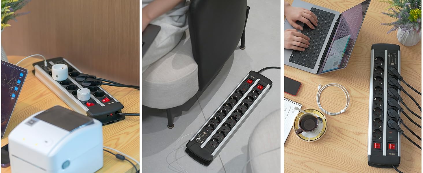Многофункціональна мережева панель Ucomen з USB та захистом від перенапруги (3680W, 16A) для комп'ютерних столів, 10 розеток, 20W USB-A та USB-C зарядка, кабель 1.5м