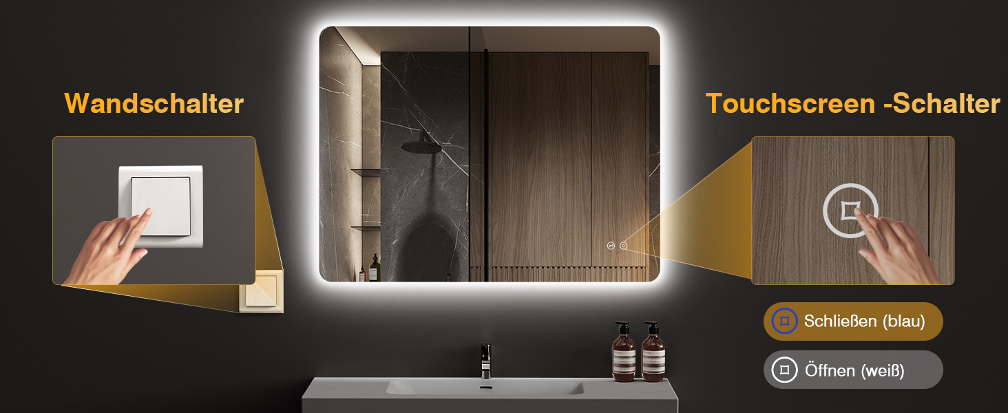 Дзеркало для ванної кімнати з підсвічуванням LED, 100x60 см, 3 кольори світла, диммування, пам'ять, сенсорне керування, IP44, вологостійке