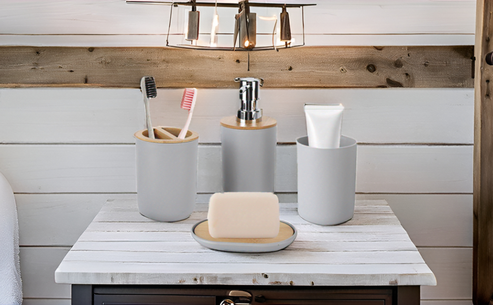Набір аксесуарів для ванної кімнати на 4 предмети: тримач для зубних щіток, мильниця, дозатор для лосьйону, стакан для ополіскувача, сучасне оздоблення для дому та готелю (сірий)