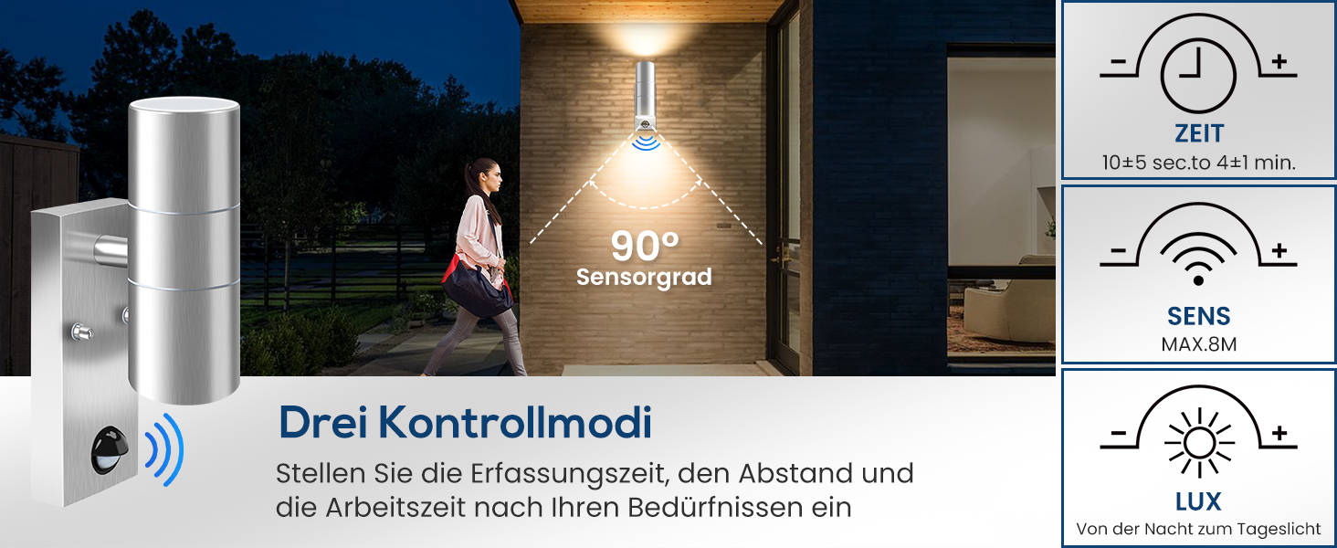 ALUSSO Вологостійкий вуличний світильник з датчиком руху, 2x8W LED, IP65, нержавіюча сталь, 3 колірні температури