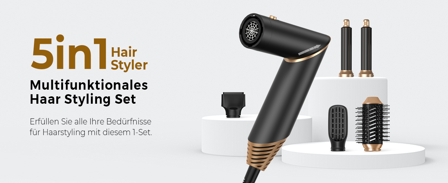 UKLISS 5-в-1 Фен-стайлер для волосся з набором плойки, щітки та інших насадок. Чорний/Золотий. Ідеальний подарунок для жінок