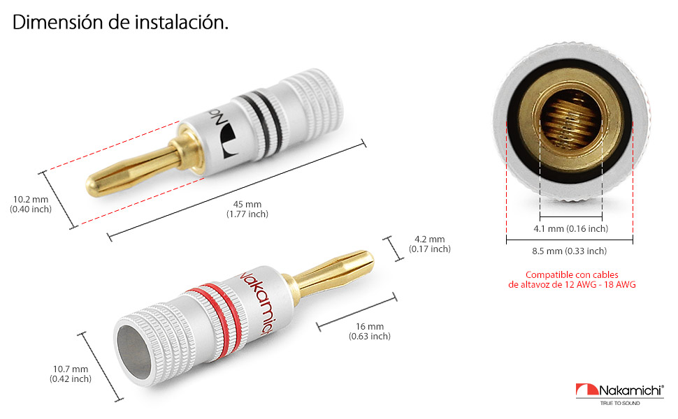 Nakamichi Бананові штекери 24K позолочені 12-18 AWG (4 мм) для акустичних кабелів Hi-Fi, підсилювачів, AV ресиверів - 8 шт (4 пари)