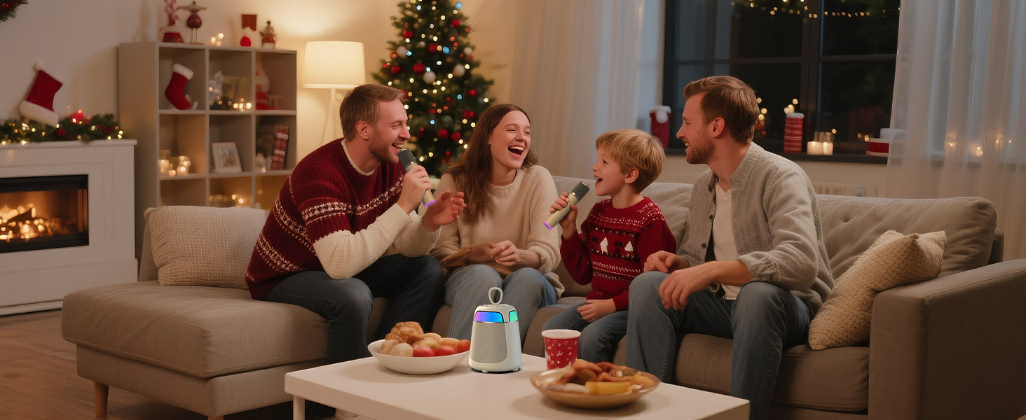 Караоке машина з 2 мікрофонами, Bluetooth, LED-підсвітка, 5 ефектів голосу, для дітей та сім'ї