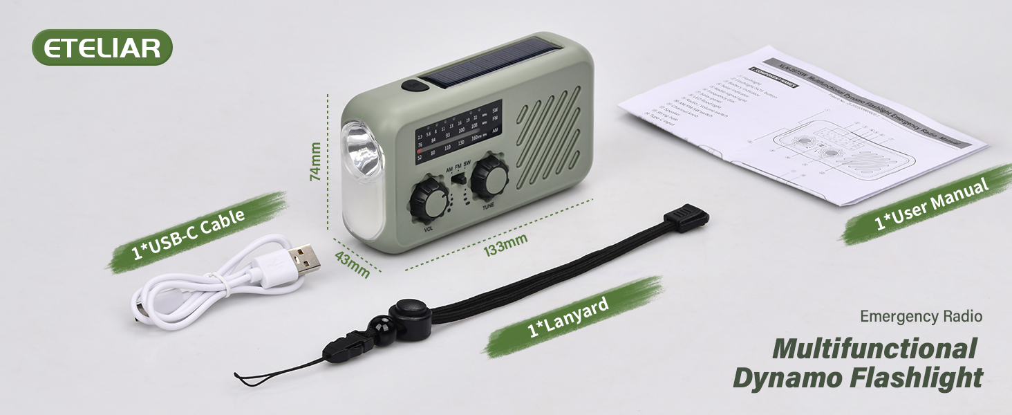 Радіо-пристрій для надзвичайних ситуацій Kurbelradio: радіо на ручку з сонячною панеллю, акумулятор 2000mAh, ліхтарик LED, SOS-сигнал, SW/AM/FM, для активного відпочинку