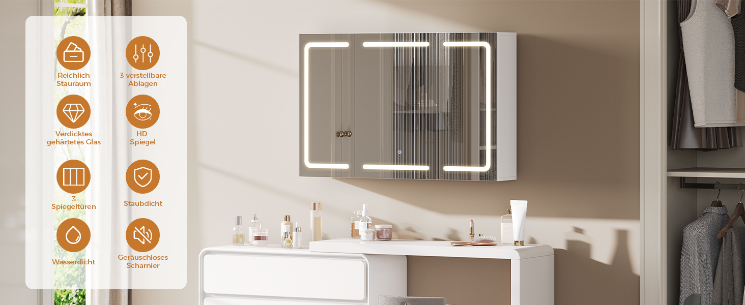 Дзеркало-шафка для ванної кімнати з LED-підсвічуванням, розеткою та 3 колірними температурами. Ванна шафка 60x90x16 см (ВxШxГ), з регулюванням яскравості + сенсорне керування. Біла дзеркальна шафка з 3 регульованими полицями та дзеркалом 60x90x16 см