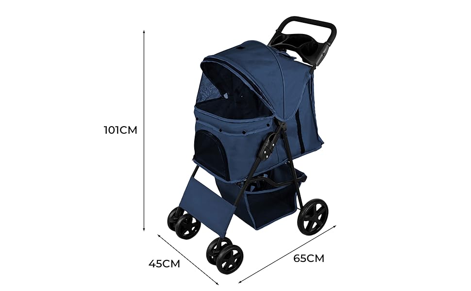 Трансформер для тварин Monster Shop з сумкою, знімний, складний, до 15 кг, колеса, гальма, сітчасте вікно, кошик, тримач для напоїв, кишені та водонепроникний захист від дощу (Морська синя)