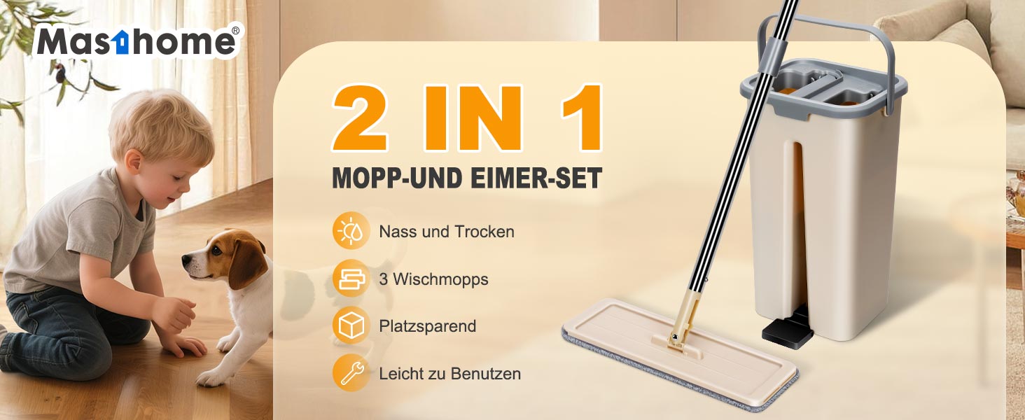 Набір для миття підлоги з відром, Masthome: компактний моп з відром та вичавкою, 3 мікрофібрових насадок, нержавіюча сталь, 2-в-1, для дерев'яних, плиткових та мармурових підлог, бежевий, 2.9л