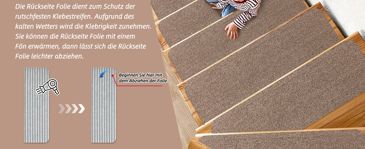 Компактні килимки для сходів COSY HOMEER, 15 шт., 70x22 см, самоклеючі, машинне прання, 100% поліестер, TPE-підкладка, безпека для дітей та домашніх тварин, бежевий колір