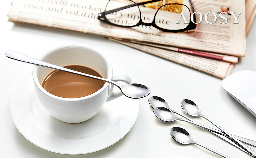 Набір ложок для лате AOOSY, 8 шт., 22.7 см, нержавіюча сталь, з довгими ручками, для кави, коктейлів, десертів та морозива