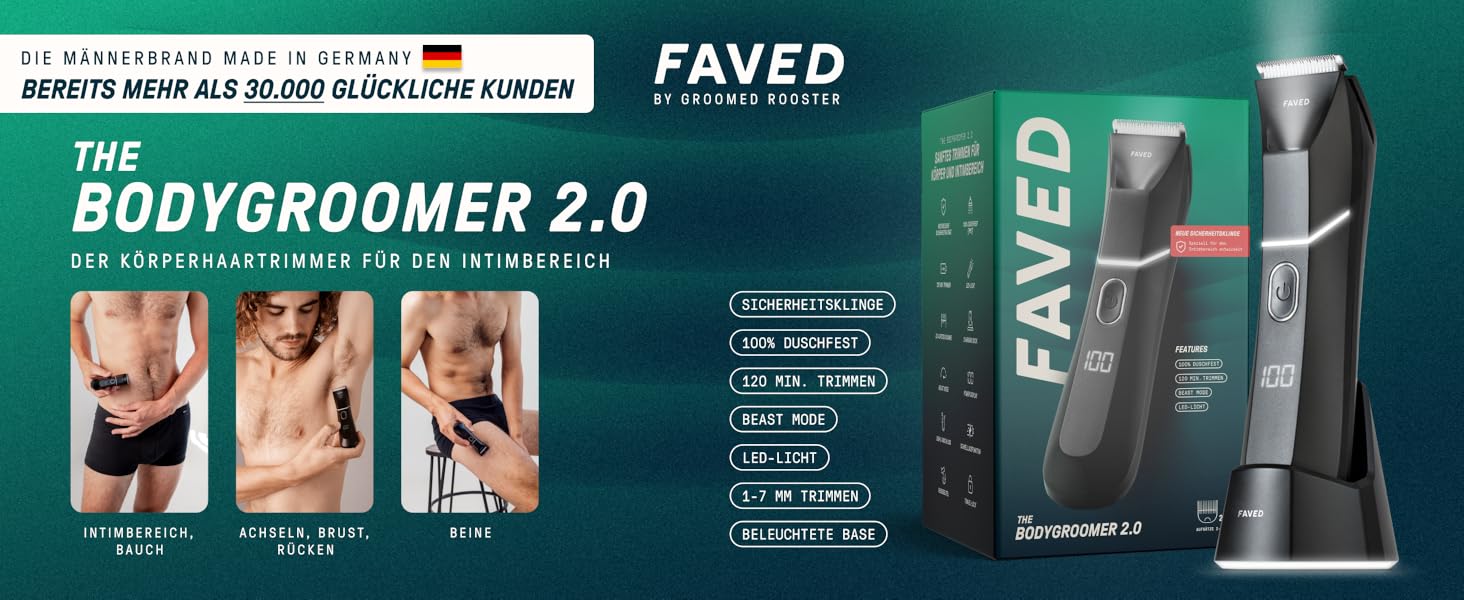 Тілогрумер 2.0: чоловічий триммер для тіла з безпечною клинком, 120 хв роботи, водонепроникний, LED-підсвітка, режим Beast, з Німеччини