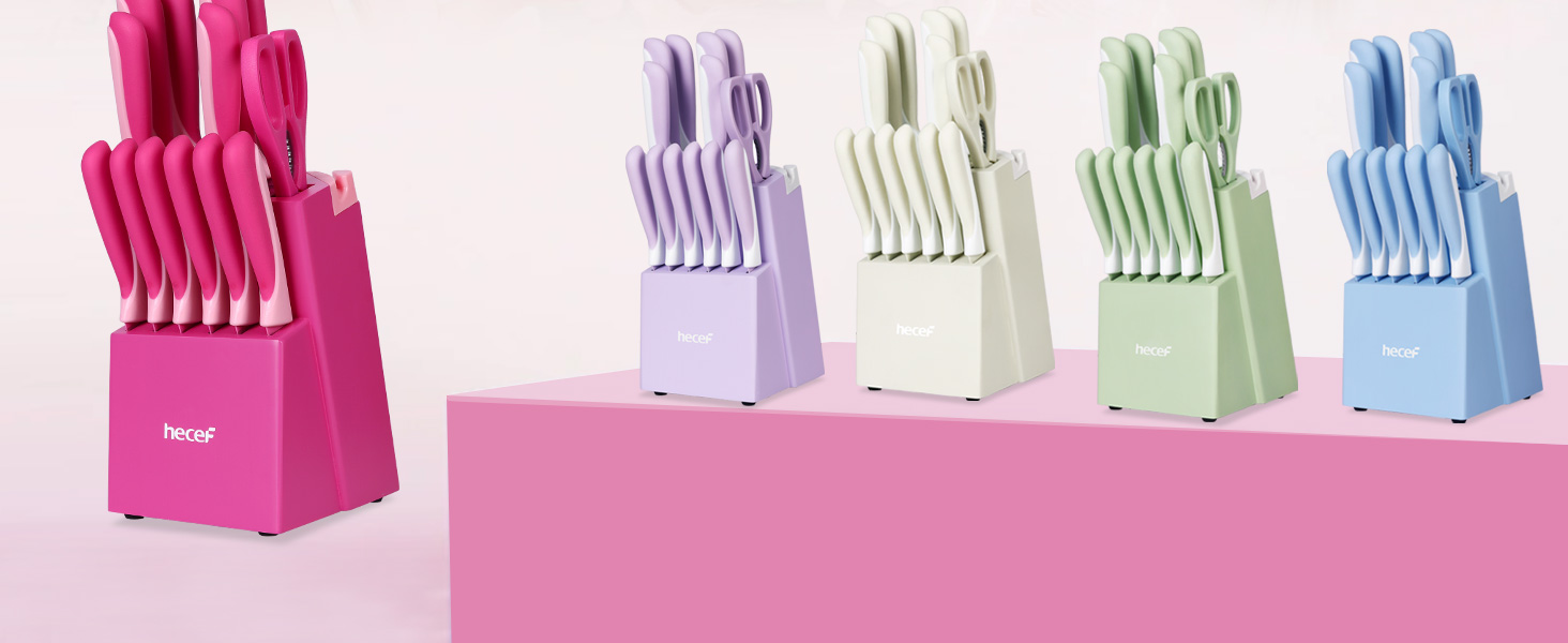 Набір ножів Hecef 14 предметів у блоці, з антипригарним покриттям, для посудомийної машини, самозаточуваний, ергономічні ручки, кухонний набір для будь-якої кухні (рожевий)