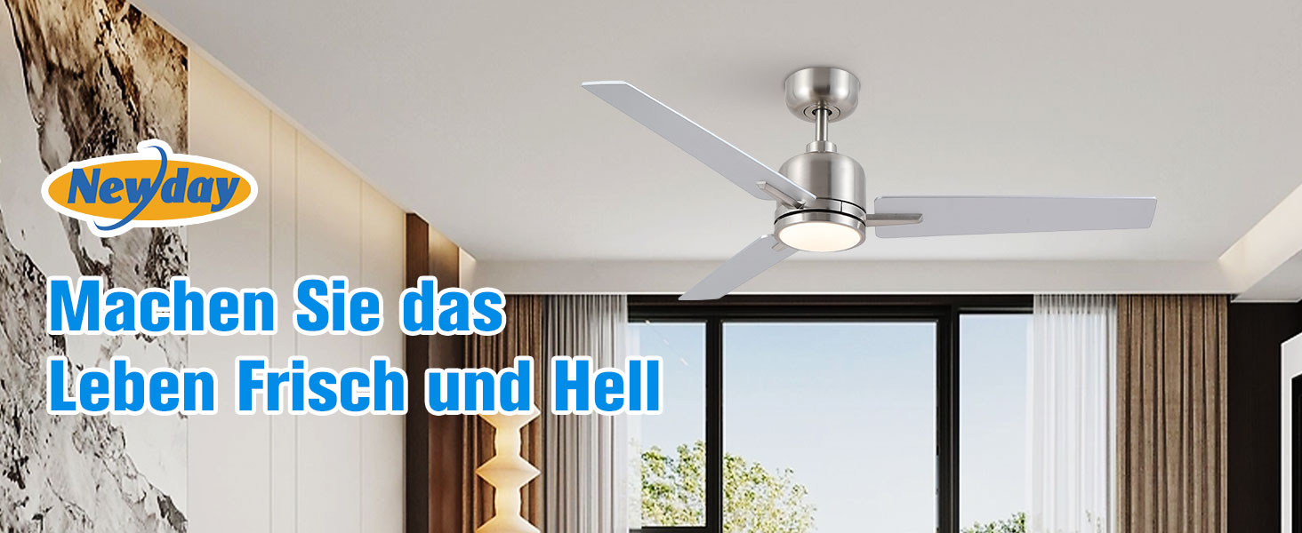 Стеляний вентилятор Newday з дерева білого кольору, 122 см з підсвіткою та пультом керування. Тихий вентилятор на стелю з лампою, регульована яскравість, DC мотор, реверсивний режим для спальні та вітальні (122-silber-holz)