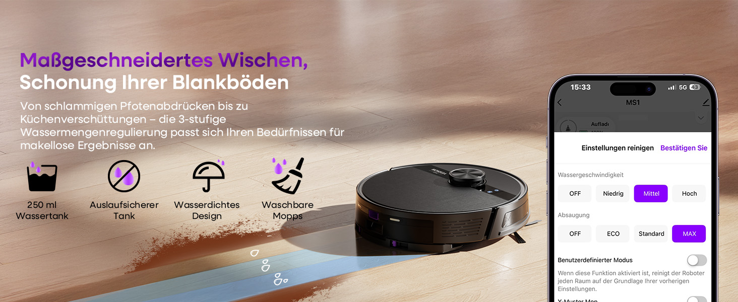 Робот-пилосос MONSGA з функцією миття, потужність 5000Pa, час роботи 180 хв, система захисту від спутання, навігація LiDAR, для килима, шерсті тварин, керування через додаток та пульт (чорний)