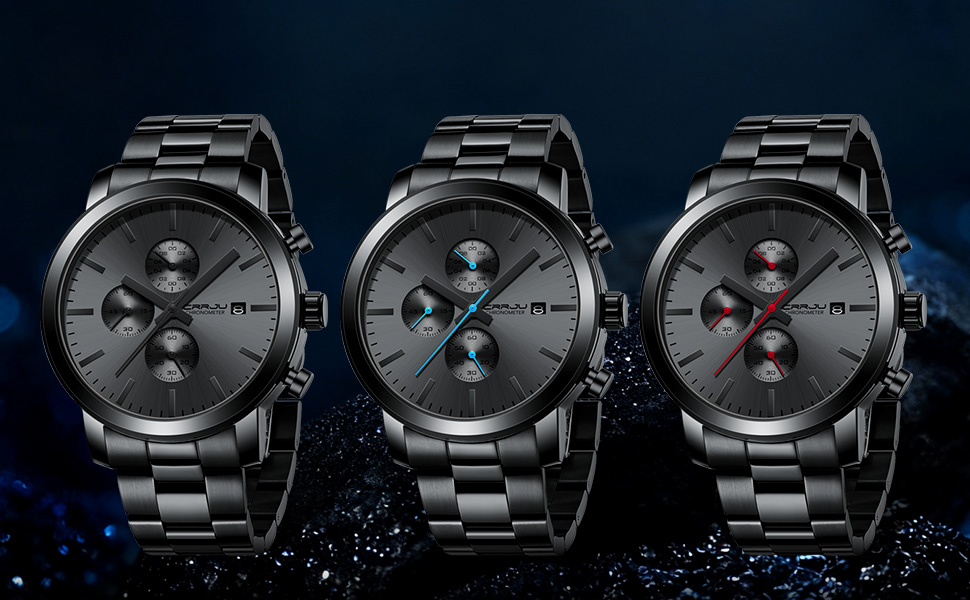 Чоловічий годинник CRRJU з хронографом, сталевий браслет, водонепроникний, чорний, з датою, аналоговий кварцовий годинник для бізнесу, чорно-синій