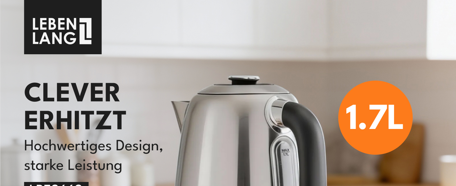 Чайник електричний LEBENLANG з нержавіючої сталі з регулюванням температури, тихий, з дисплеєм та функцією підтримання тепла - 1,7 л, 2200W, ретро без пластику