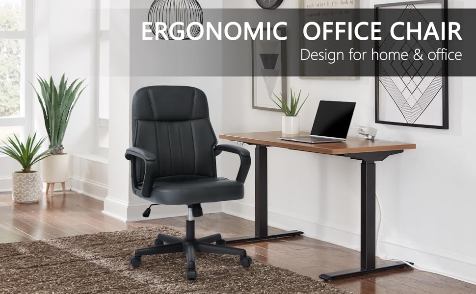 Офісне крісло MIXASTEP з PU-шкіри, поворотне, регульована висота, міцні підлокітники, 360° колеса, для роботи, навчання, ігор (Чорний)