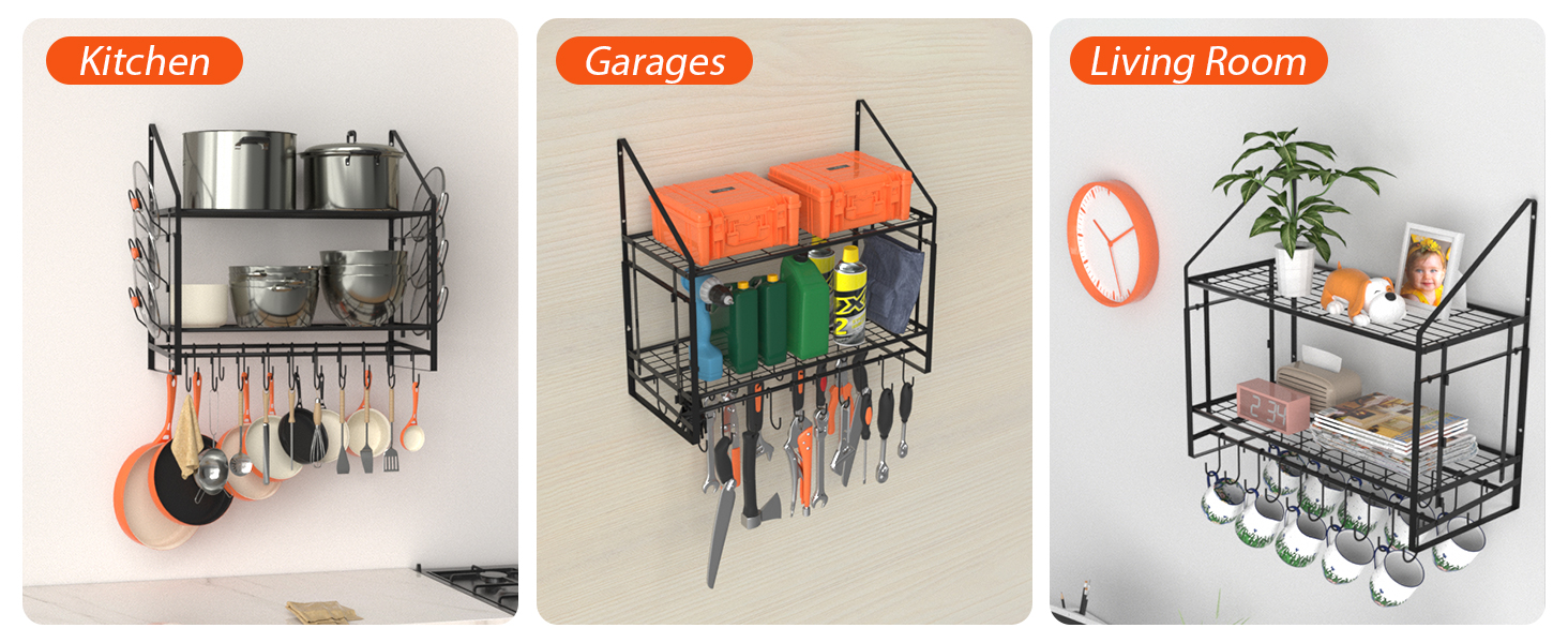 Hanging Pot Rack, 2 Tiers, Pots and Pans Organizer, Wall Mount, with 20 Hooks and 6 Lid Holders, Sturdy Steel Pot and Pan Hanger for Kitchen, Cookware, Utensils