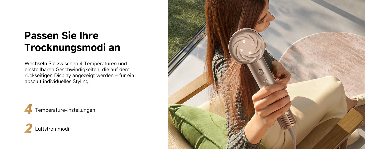 Фен DREAME Hair: Швидке сушіння, 110 000 обертів/хв, іонізація, регулювання температури та потужності, насадки, тиха робота, білий (золотий, Glory Mix)