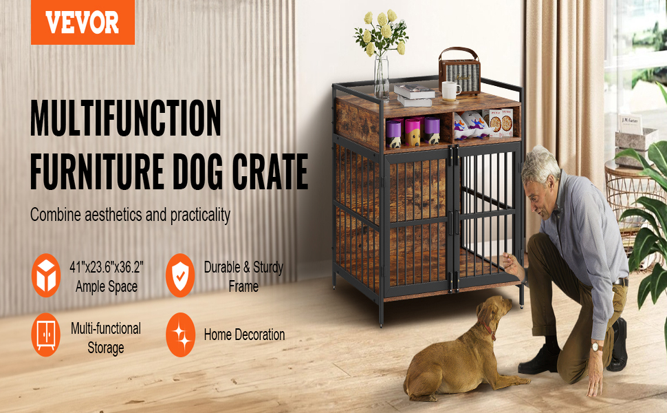 Клітка для собак VEVOR 1041x599x919 мм з міцного вуглецевої сталі та П2 ДСП, вінтажний дизайн, з подвійними дверима, чорна