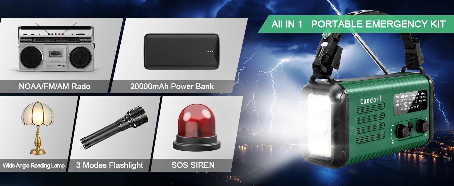 Радіо Kurbelradio 20000mAh сонячне з ручним заводом, AM/FM, SOS, LED-ліхтарик, USB зарядка для телефону, аварійне живлення, зелений