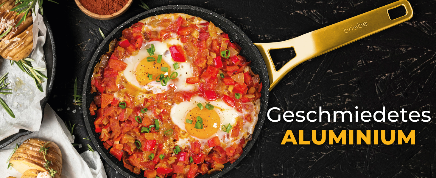 Набір сковорідок Briebe Gold Titanium Set (3 шт.) з титановою поверхнею, антипригарне покриття, для індукційних плит, діаметр 18-20-24 см, коване алюміній, без PFOA, професійні ручки з нержавіючої сталі, сумісний з газовими та склокерамічними плитами