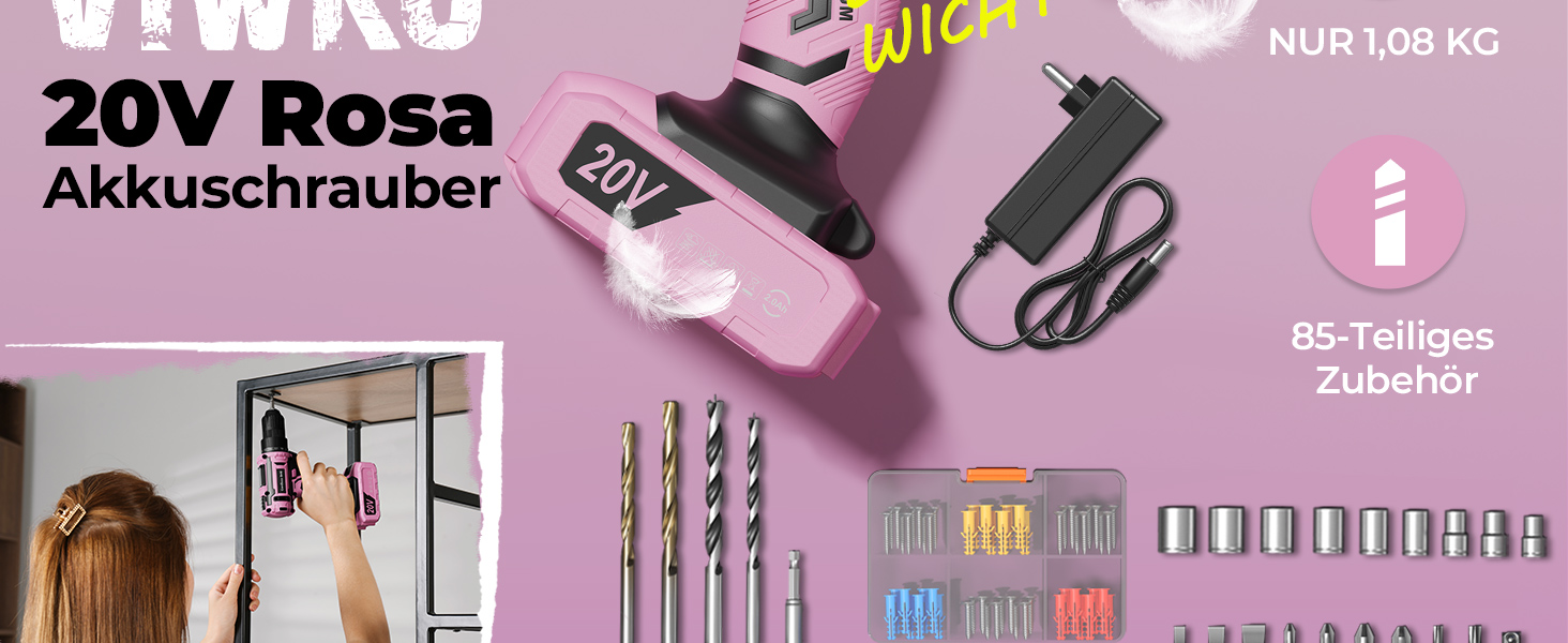 Акумуляторний шуруповерт 20V з набором аксесуарів 85 шт. (85tlg), 42Н.м, 2000mAh, 25+1 момент, 10мм патрон, легкий, LED, рожевий (для подарунка на День святого Валентина)