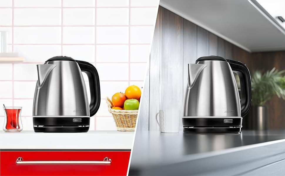 Електричний чайник MPM MCZ-85/G1, 1.7 л, без BPA, бездротовий, 360° обертання, антинакипний фільтр, автовимкнення, чорний, 2200W, нержавіюча сталь