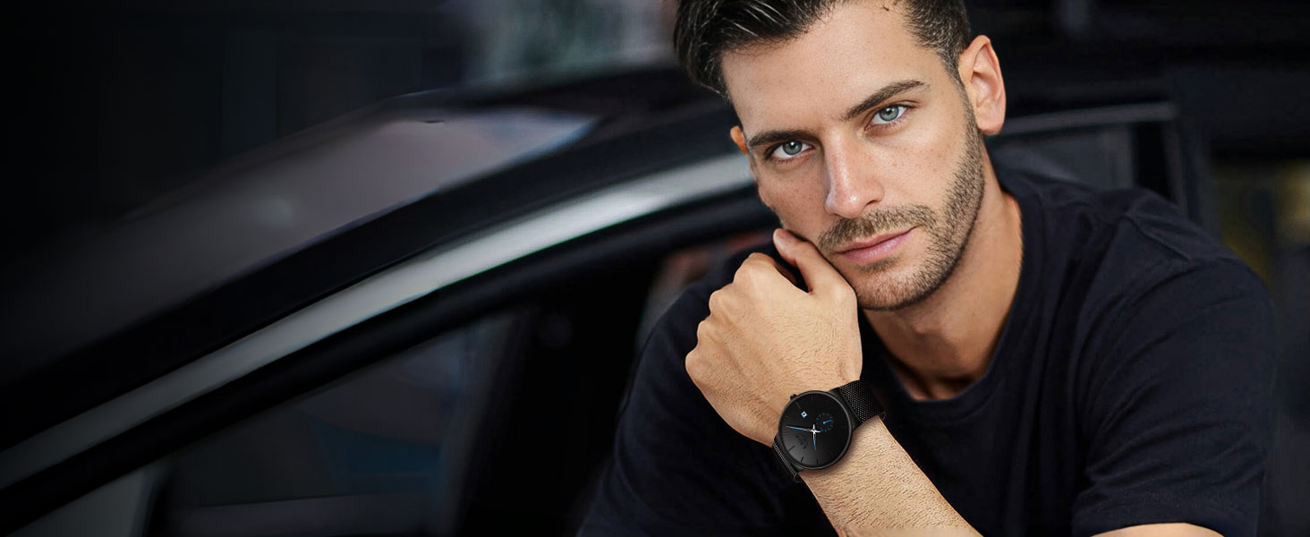 Годинник чоловічий LIGE Retro з нержавіючої сталі, водонепроникні, аналогові, кварцові, з датою, стильні, для бізнесу та повсякденного носіння, чорний / синій